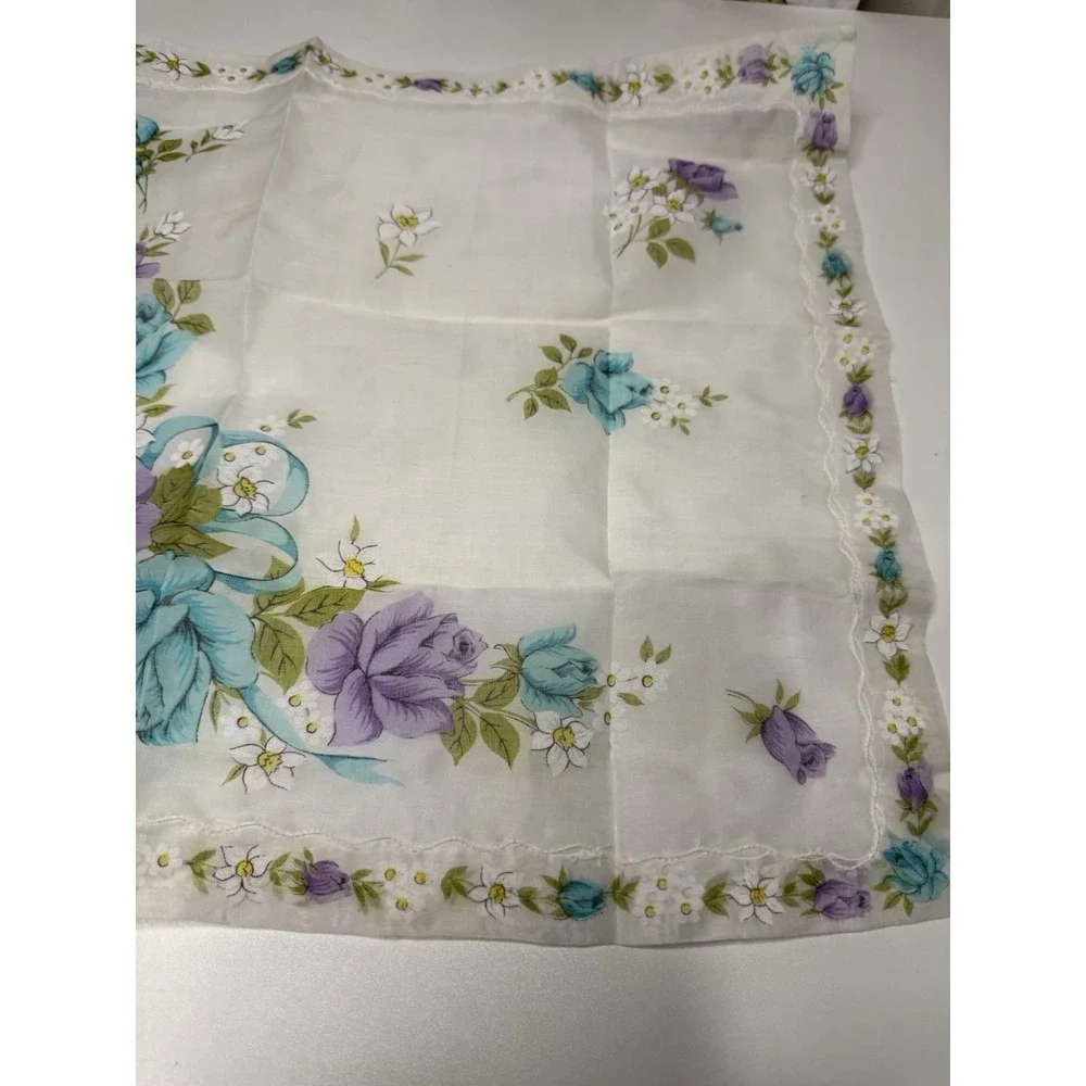 Vintage Japanese Floral Handkerchief‎ All Cotton Blue Purple Flowers 14x14